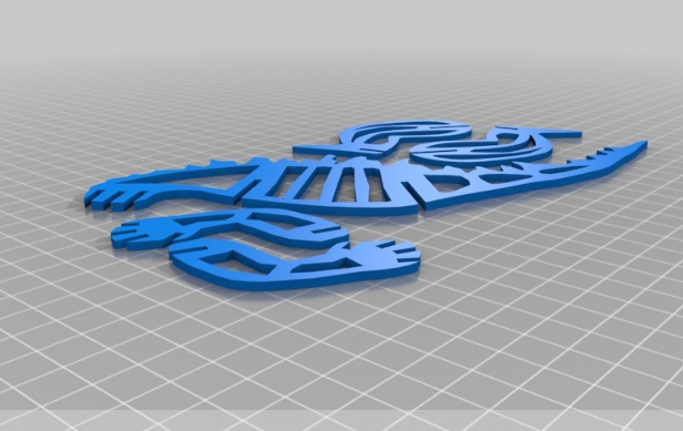 A flat, blue 3D printed puzzle of Mechagodzilla separated into modular, skeletal pieces lying on a digital grid.