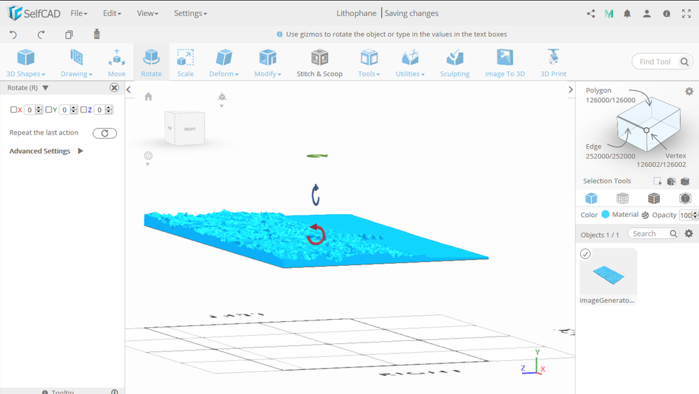 The SelfCAD 3D modeling workspace showing a flat, textured blue surface being designed to create a custom 3D printed lithophane