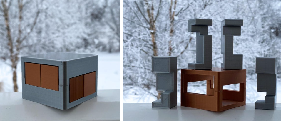 3D printed Magic Drawers puzzle box with removable sliding compartments inspired by classic mechanical puzzles