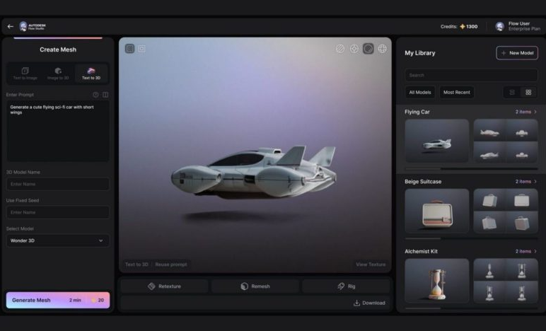 A sleek, white sci-fi hover car model generated within the Autodesk Wonder3D workspace.