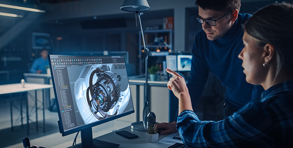 Two people designing a 3D model