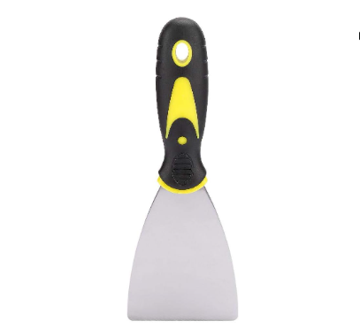 A metal print removal spatula or scraper featuring a black and yellow rubberized handle.  