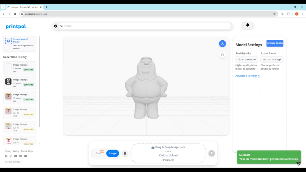PrintPAL AI image-to-3D tool dashboard converting a 2D rendering into a complete 3D model