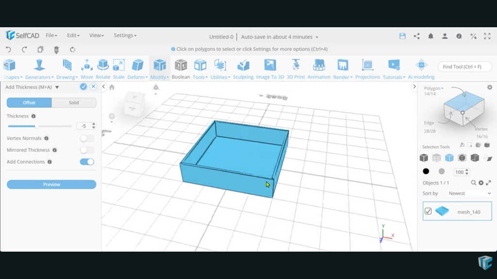 A rectangular box model being modified using the Add Thickness tool panel in SelfCAD.