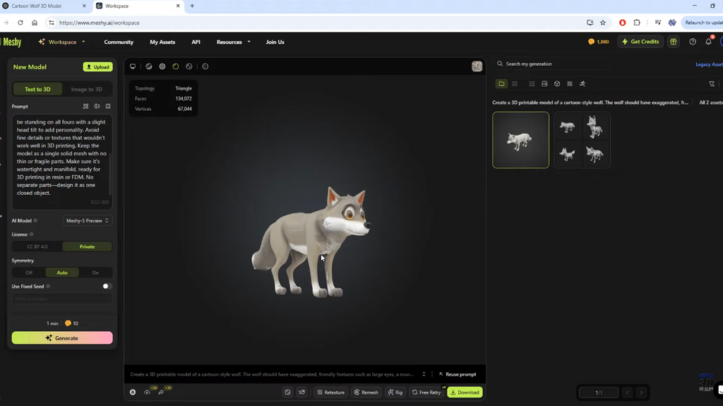 3D cartoon wolf model being reviewed and fine-tuned in the Meshy AI workspace.