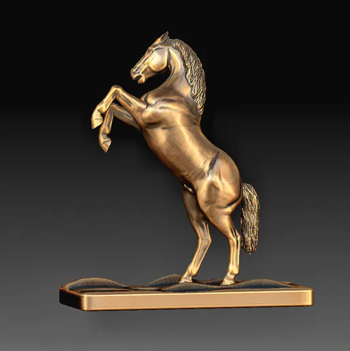 Golden 3D printed rearing horse statue.  