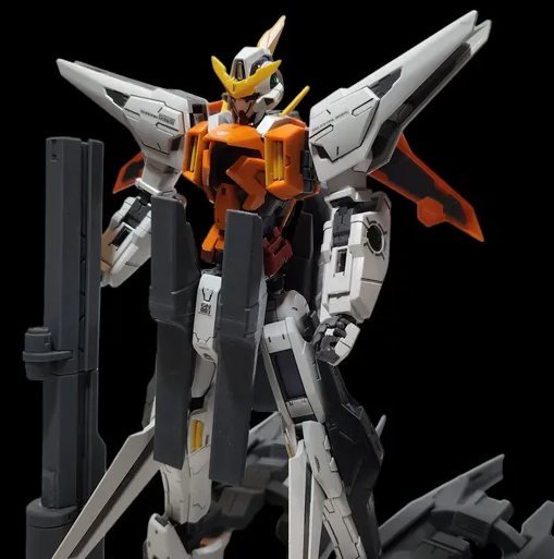 A 1/144 scale 3D-printed Gundam Kyrios GUST conversion kit model featuring white, orange, and grey armor parts against a black background.