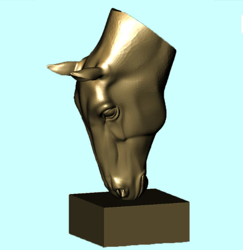 A 3D-rendered classic horse head and neck bust looking downward on a square base.  
