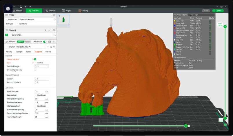 Bambu Studio slicer preview showing a 3D horse bust model with generated green supports