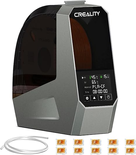 A Creality filament dryer box used to prevent wet filament from causing extrusion issues.