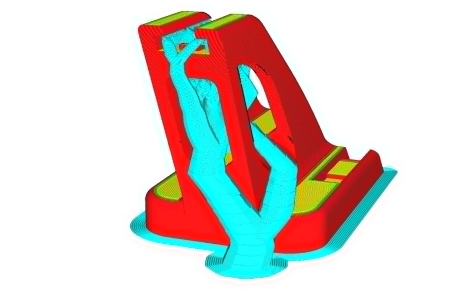  The Ultimaker Cura interface generating light blue tree supports inside a complex red 3D model to minimize scarring.  