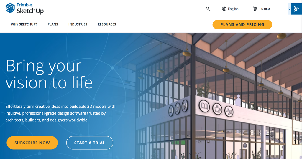 SketchUp homepage displaying a 3D architectural interior design.