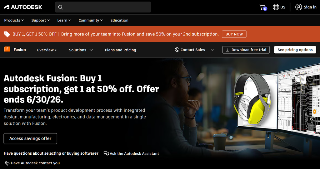 Autodesk Fusion 360 website offering a buy one get one 50% off subscription deal.