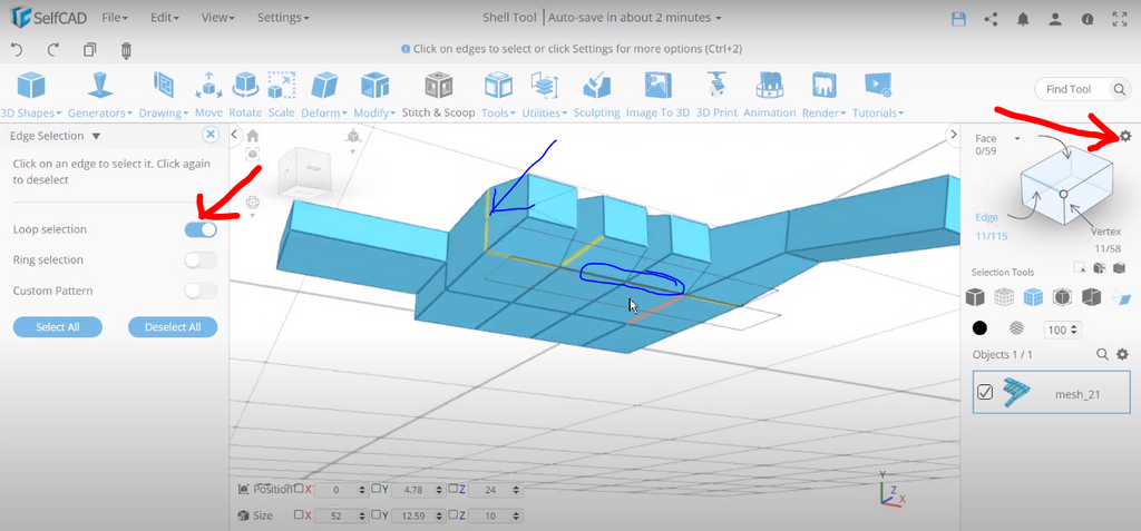Loop selection in 3D modeling