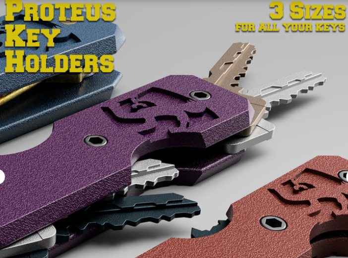 A close-up of a purple 3D-printed Proteus Key Holder, showcasing a Swiss Army Knife-style folding design with textured grips.