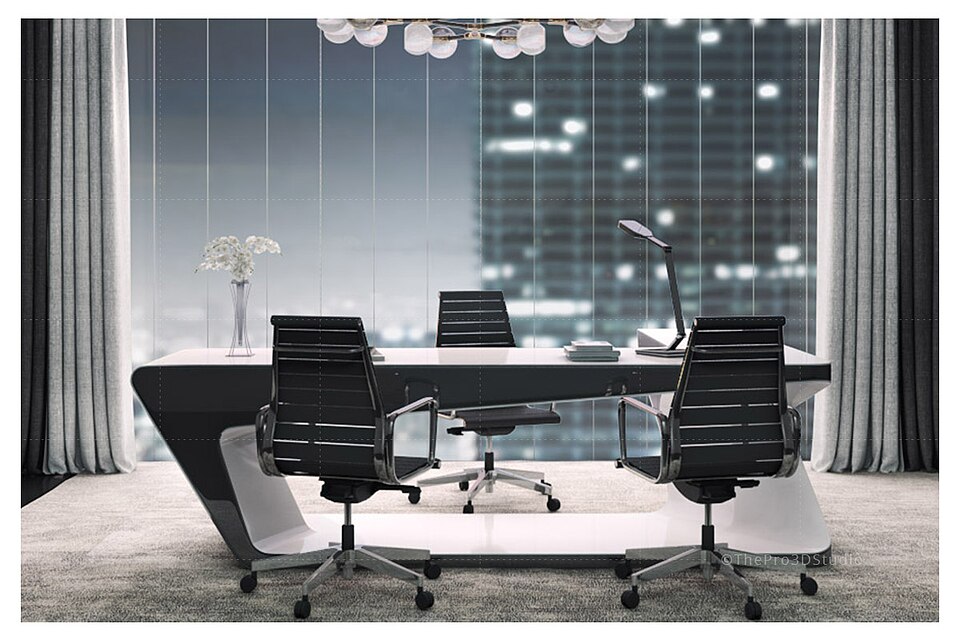 3D architectural render of a modern executive office desk and ergonomic chairs
