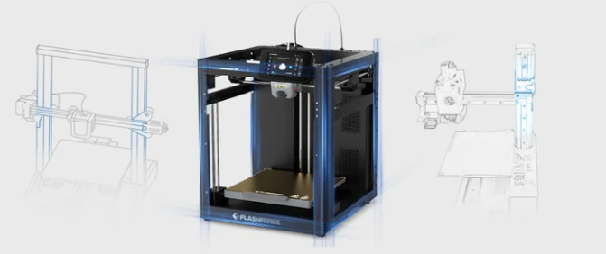 A 3D rendering of the FlashForge Adventurer 5M enclosed 3D printer highlighting its CoreXY all-metal structure