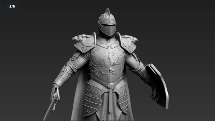 A detailed, grey 3D render of a fantasy knight in armor holding a sword and shield