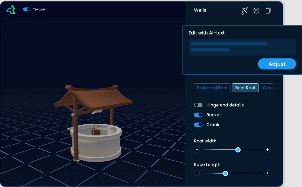 The Sloyd browser-based interface showing a 3D wooden wishing well alongside dimension editing sliders.