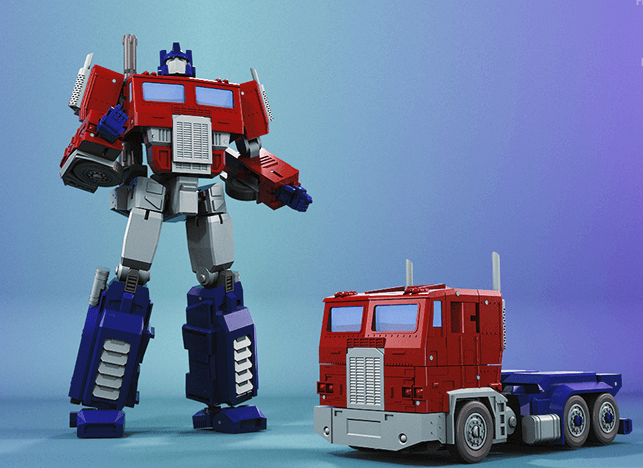 A detailed 3D printed Optimus Prime action figure standing next to its classic red and blue semi-truck vehicle mode on a blue gradient background.