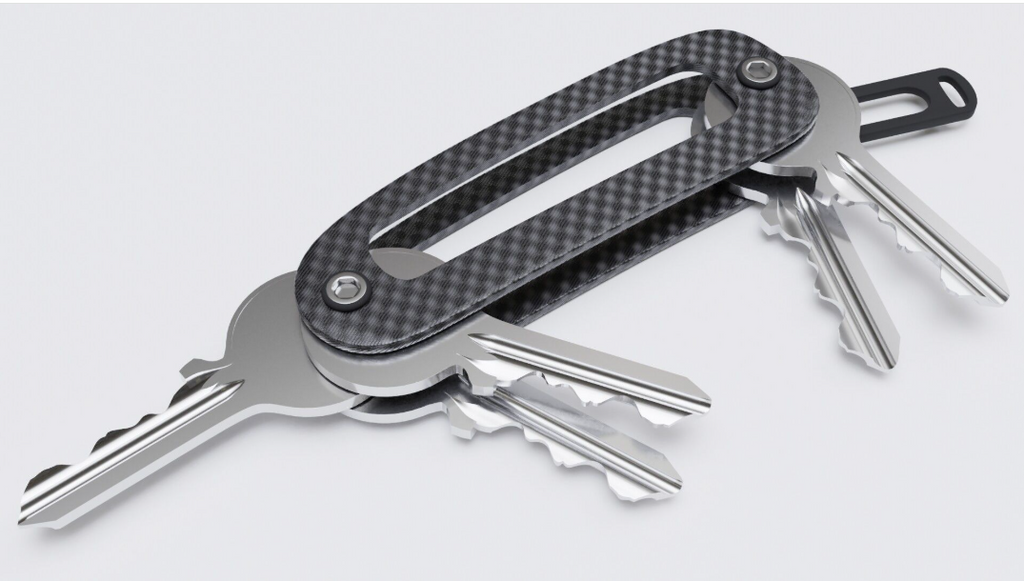 A sleek 3D-rendered key organizer featuring a textured carbon fiber finish and holding multiple metallic keys.