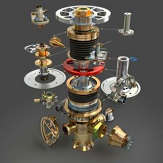 Exploded 3D CAD view of a multi-part brass mechanical valve assembly