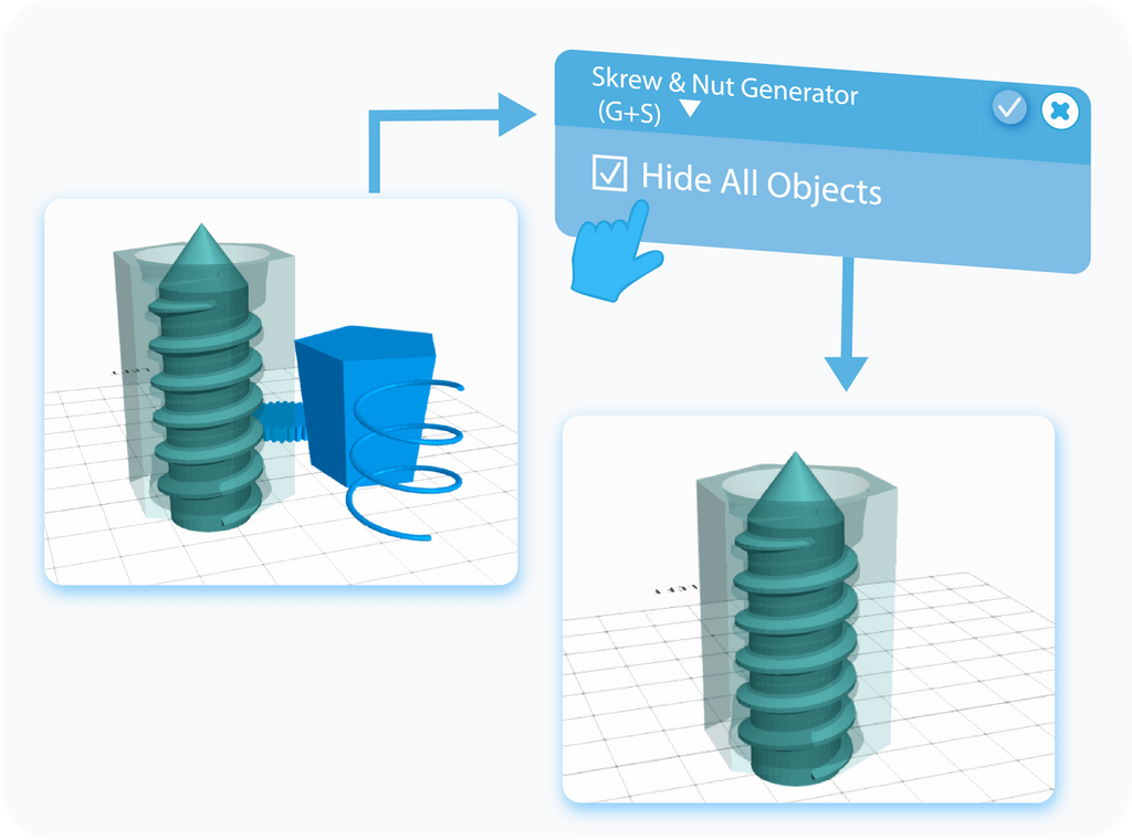 Toggle to enable Hide All Objects feature in Screw & Nut Generator