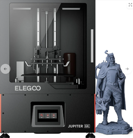 Elegoo Jupiter large resin 3D printer with a printed warrior statue.