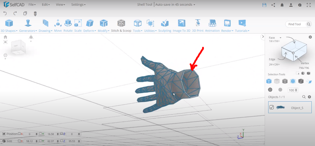 Pointing hollow out part of a 3D model