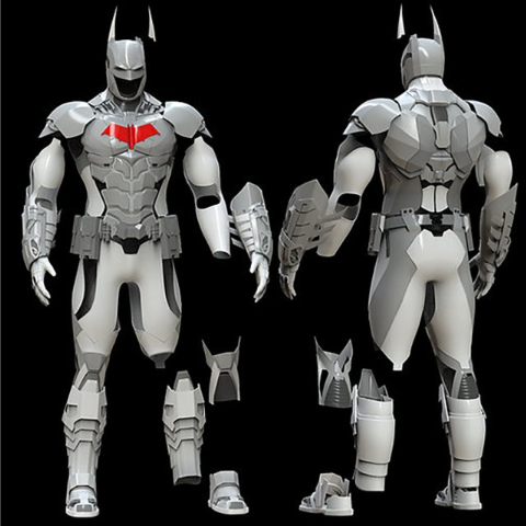 A detailed 3D render of a futuristic Batman armor suit, displaying both front and back views on a black background from 3DExport
