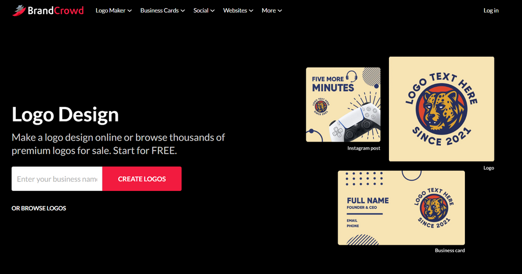 The BrandCrowd AI logo design interface displaying a business name input bar alongside examples of modern typography and mascot logos