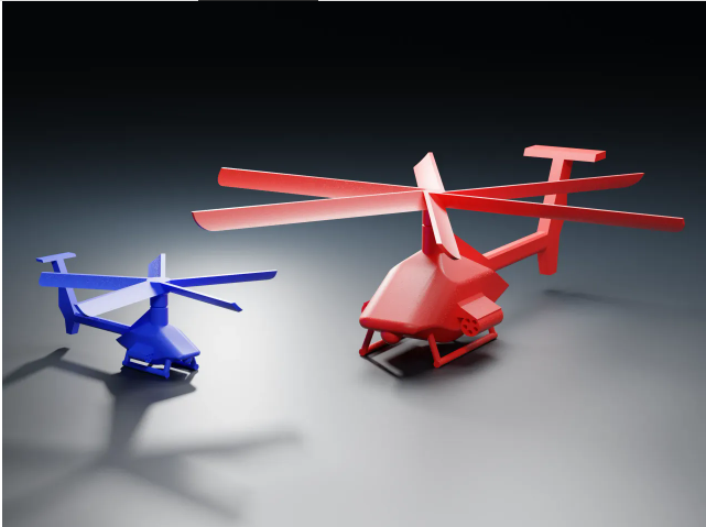 Two 3D-printed print-in-place toy helicopters, one red and one blue, featuring sleek bodies and moving rotor blades on a dark grey background