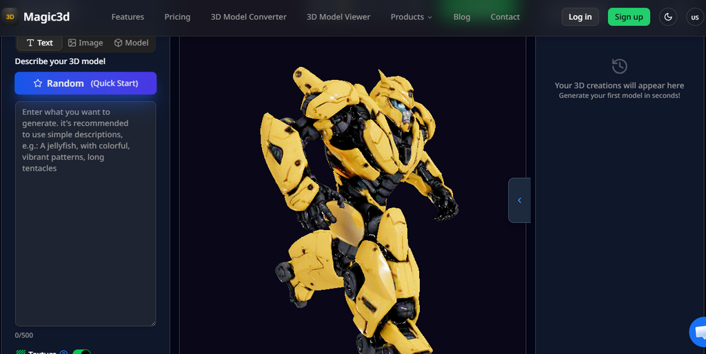 Magic 3D interface demonstrating rapid text-to-3D model generation and export options.