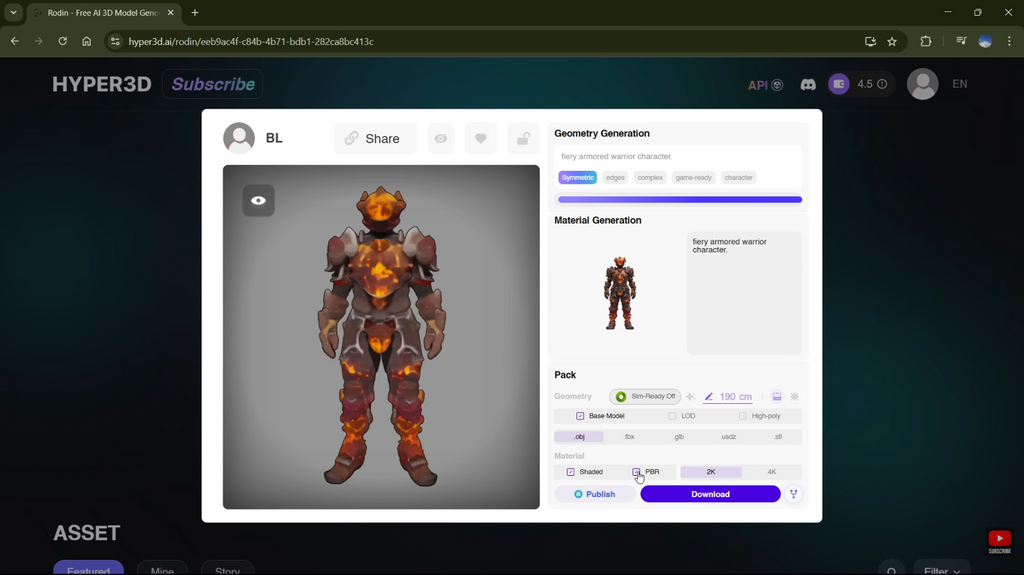 Finalizing geometry and PBR material generation settings for a 3D character in the Rodin app.