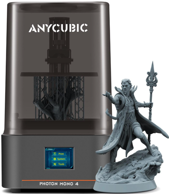 Anycubic Photon Mono 4 resin 3D printer beside a detailed fantasy wizard figurine