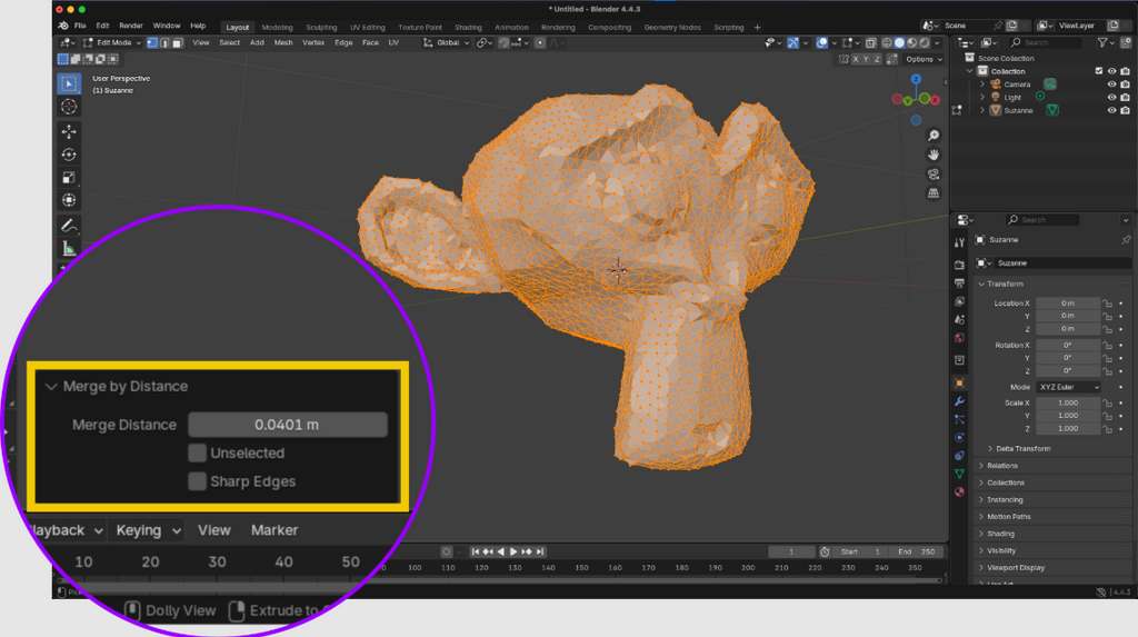 Blender interface highlighting Merge by Distance settings for mesh optimization