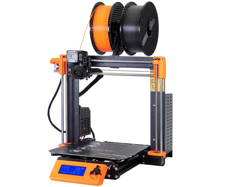 A Prusa MK4S 3D printer featuring a distinct orange and black frame, shown with two filament spools mounted on top.