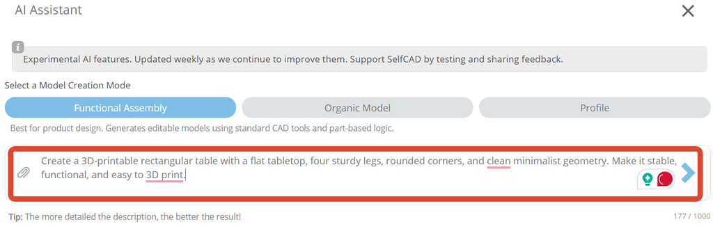 Adding description to SelfCAD AI Feature