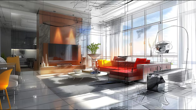 Conceptual illustration showing an architectural wireframe sketch morphing into a detailed, fully lit 3D living room rendering