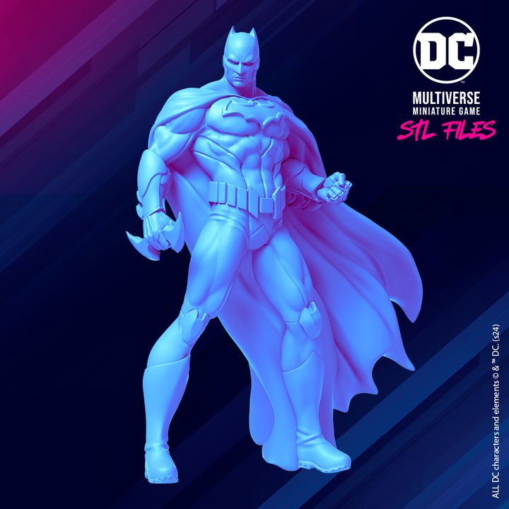 A blue-tinted digital 3D render of a Batman miniature figure with a flowing cape, available as an STL file on MyMiniFactory