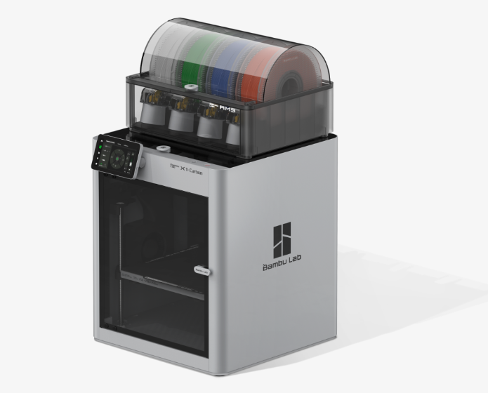 Bambu Lab X1 Carbon premium 3D printer featuring an enclosed build chamber and Automatic Material System (AMS) for multi-color printing