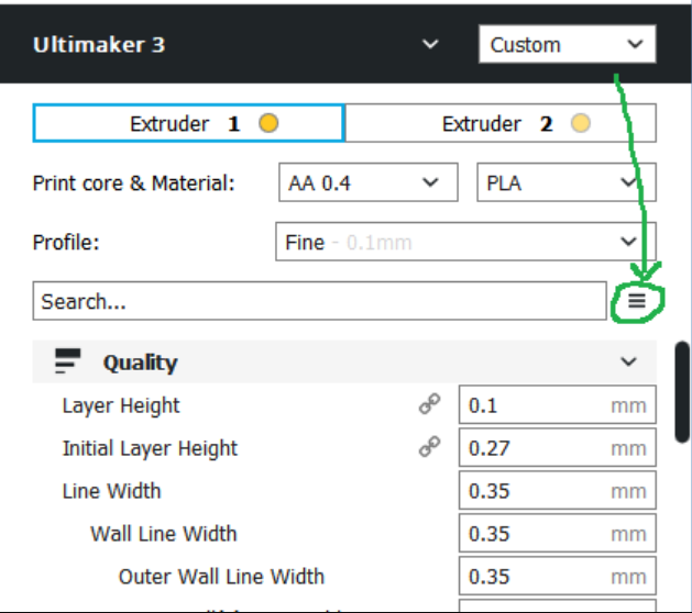 Screenshot of the Ultimaker Cura software interface highlighting the custom profile menu and search bar used to find ironing presets.