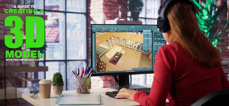 Student wearing headphones modeling a 3D architectural room interior on a desktop monitor