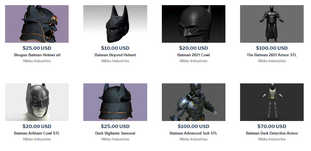 A grid of premium 3D printable Batman helmets, cowls, and full suit armor available for download on the Nikko Industries website