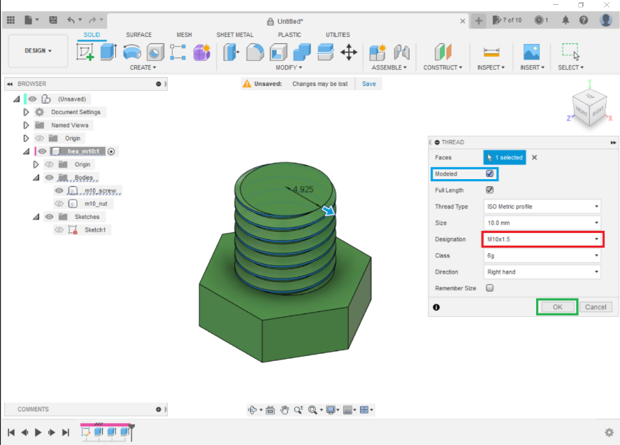 Autodesk Fusion 360 interface demonstrating how to configure thread designations and clearances for 3D printed parts.