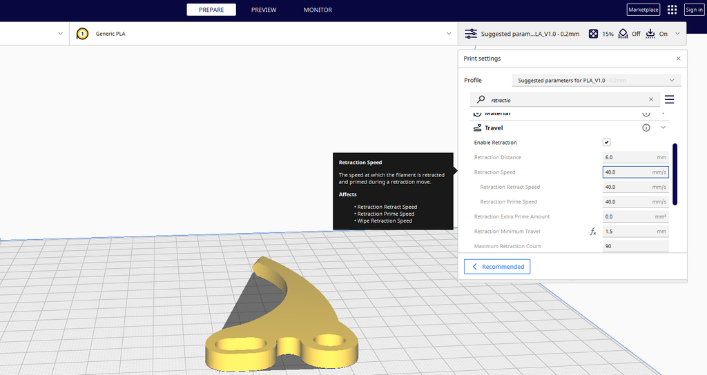 Retraction speed settings in Cura
