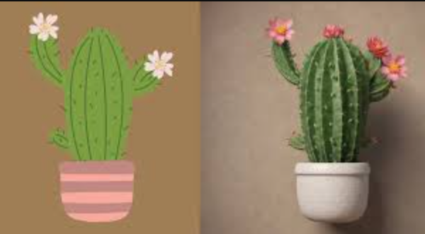 Side-by-side comparison of a 2D hand-drawn cactus and its AI-generated 3D printed model equivalent