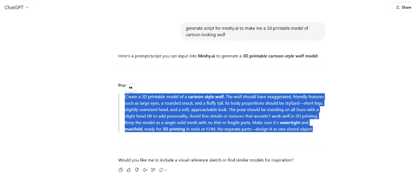 Text prompt generation for a 3D cartoon wolf using ChatGPT