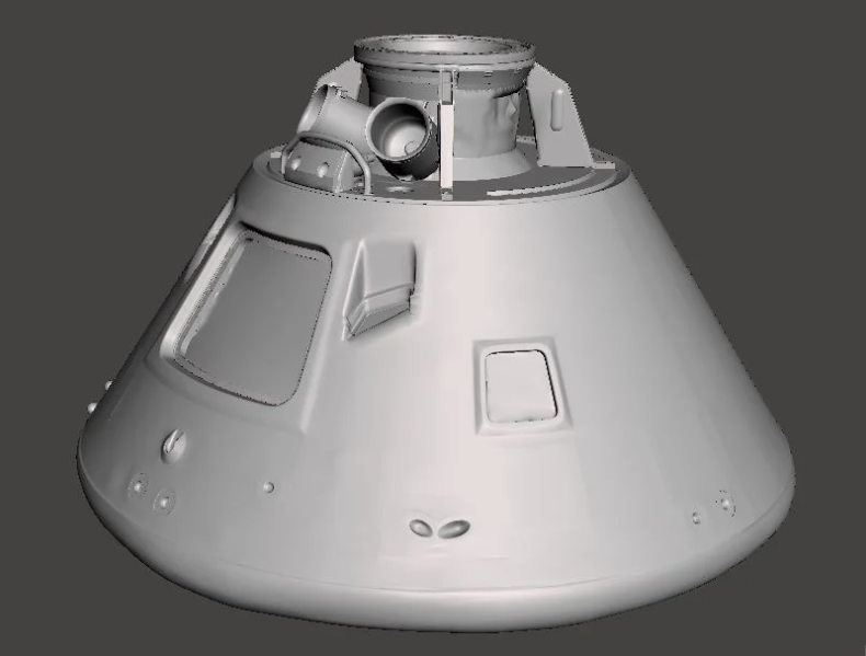 A highly detailed grey 3D-rendered model of the Apollo 11 Command Module "Columbia," showing its outer shell and windows.