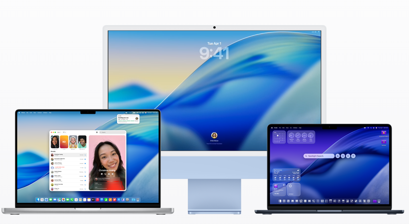 An iMac, MacBook, and iPad displaying their respective Apple operating systems.  